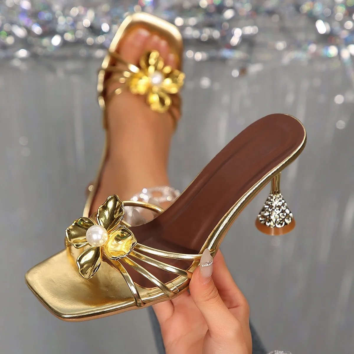 Summer Clothing On Sale - Vintage Metal Flower Crystal Cone Heel