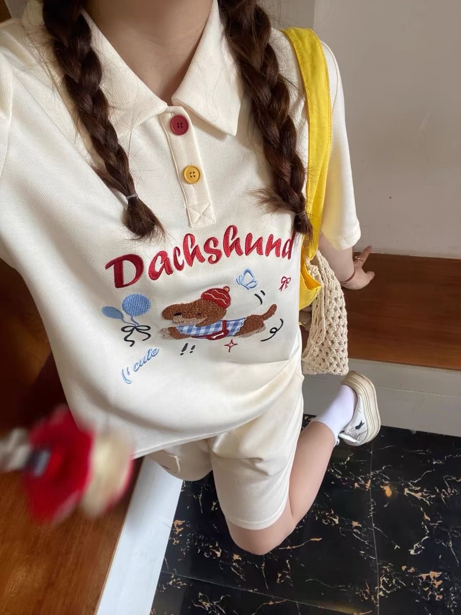 Summer Clothing Cartoon - Kawaii Embroidery Dog Japan Style Polo