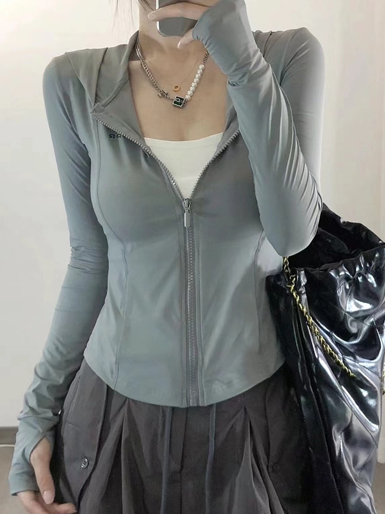 Gray Green Ice Silk Hooded UV  - Summer Yoga Clothing 评论和价格