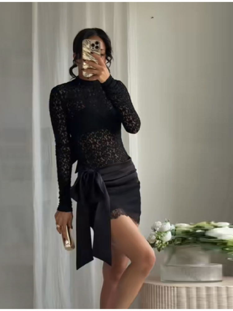 Fashion Black Lace Set Satin B - Summer Vacation Clothing Women 评论和价格