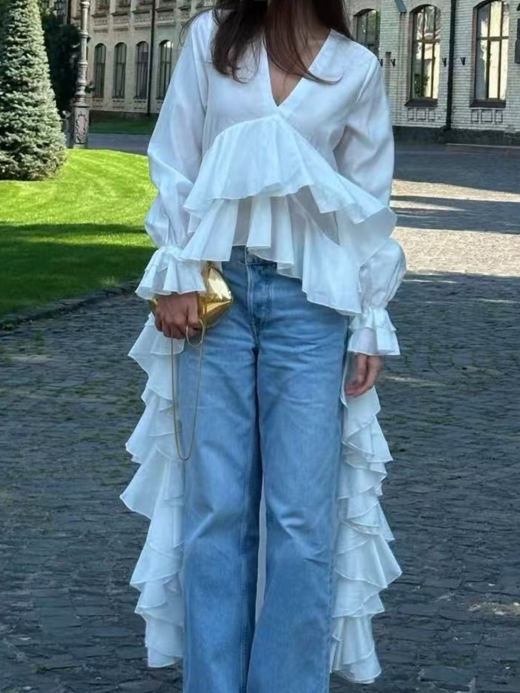 Fashion Ruffles Long Shirt Top - Summer Clothing Holiday 评论和价格