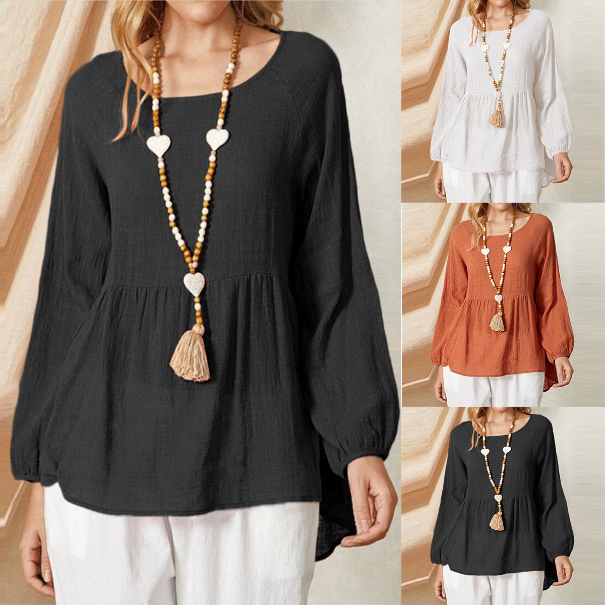 Loose Cotton Linen Long Sleeve - Summer Clothing Brands For Women 评论和价格