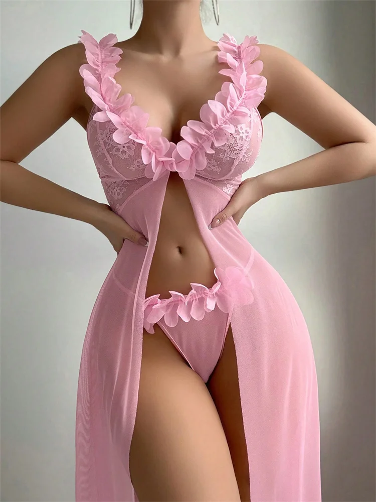 Pink Floral Lace See Through N - Summer Clothing On Sale 评论和价格