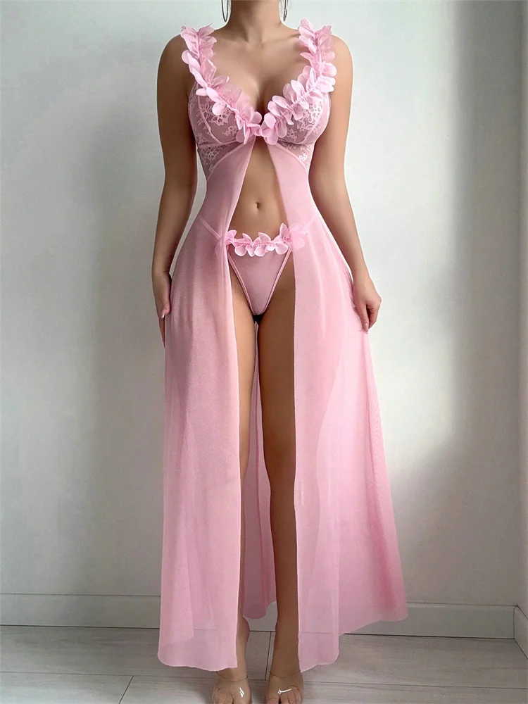 Pink Floral Lace See Through N - Summer Clothing On Sale 评论和价格