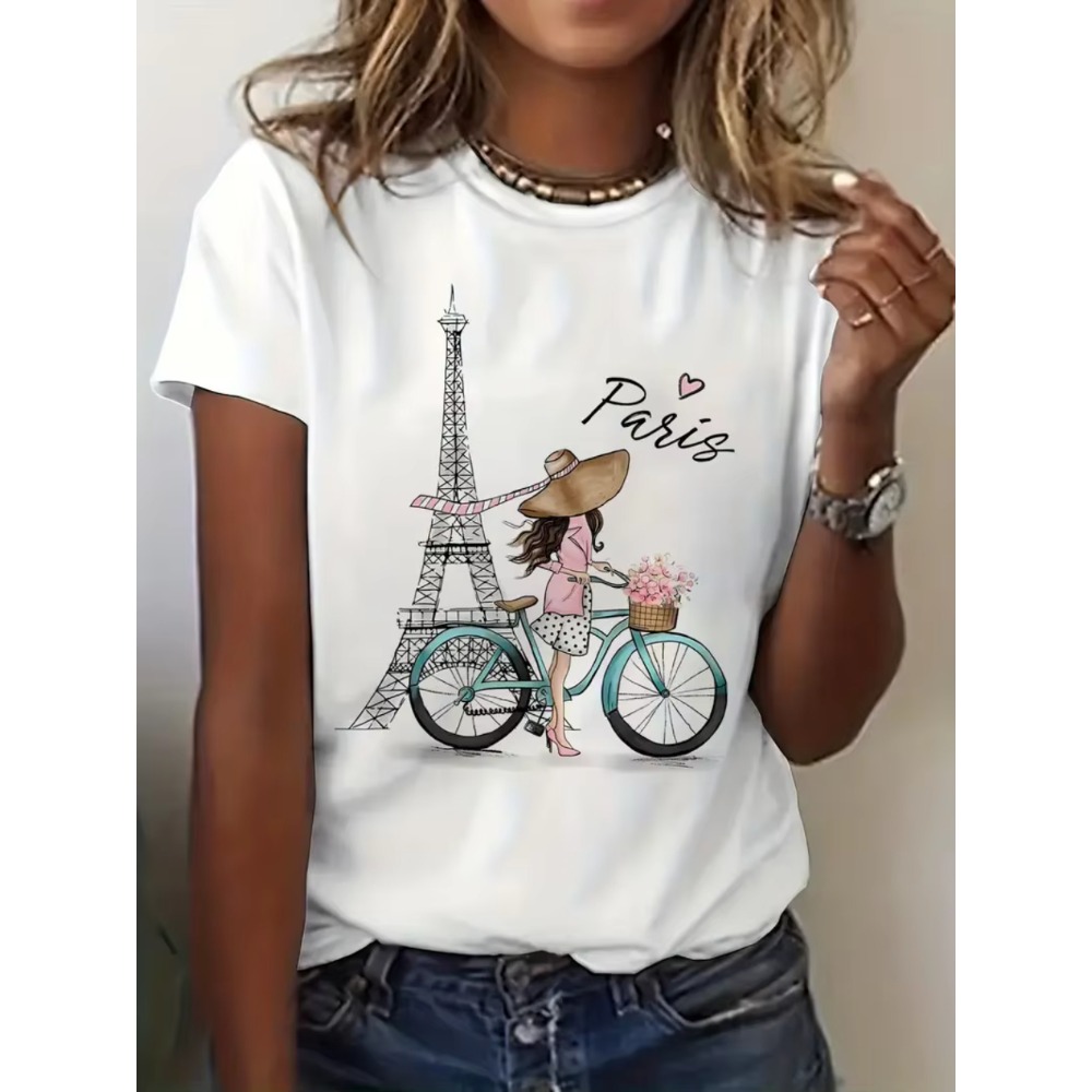 Y2k Paris Girl with Bike Print - Summer Clothing In Paris 评论和价格