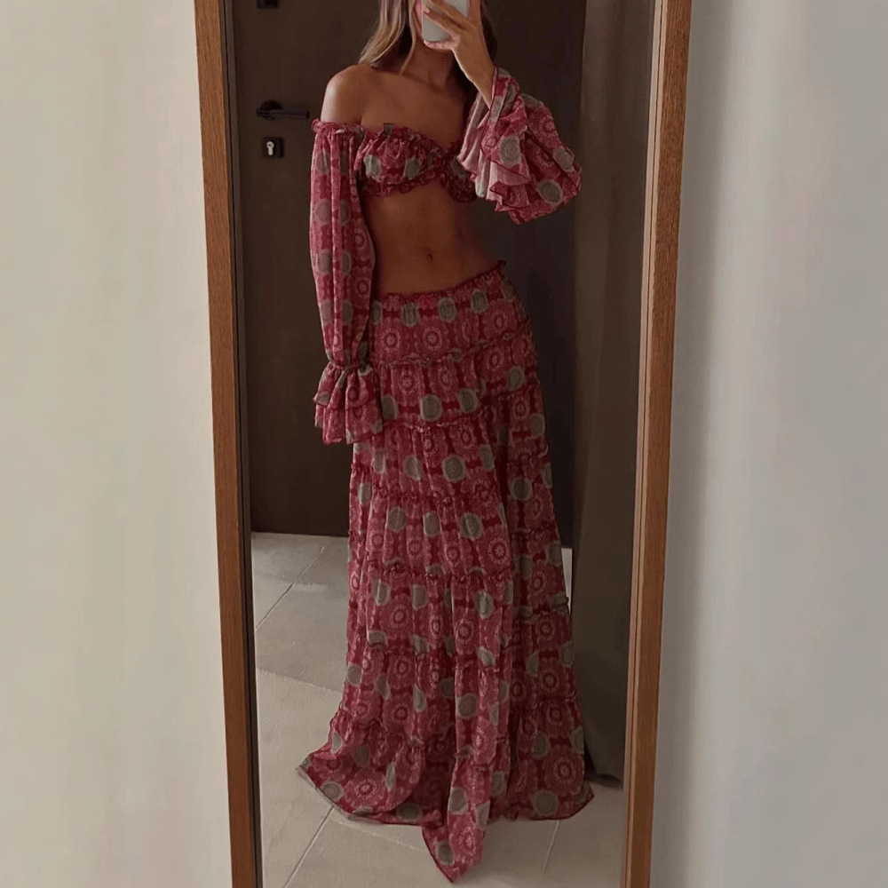 Vintage Print Skirt Two Piece  - Summer Vacation Clothing Women 评论和价格