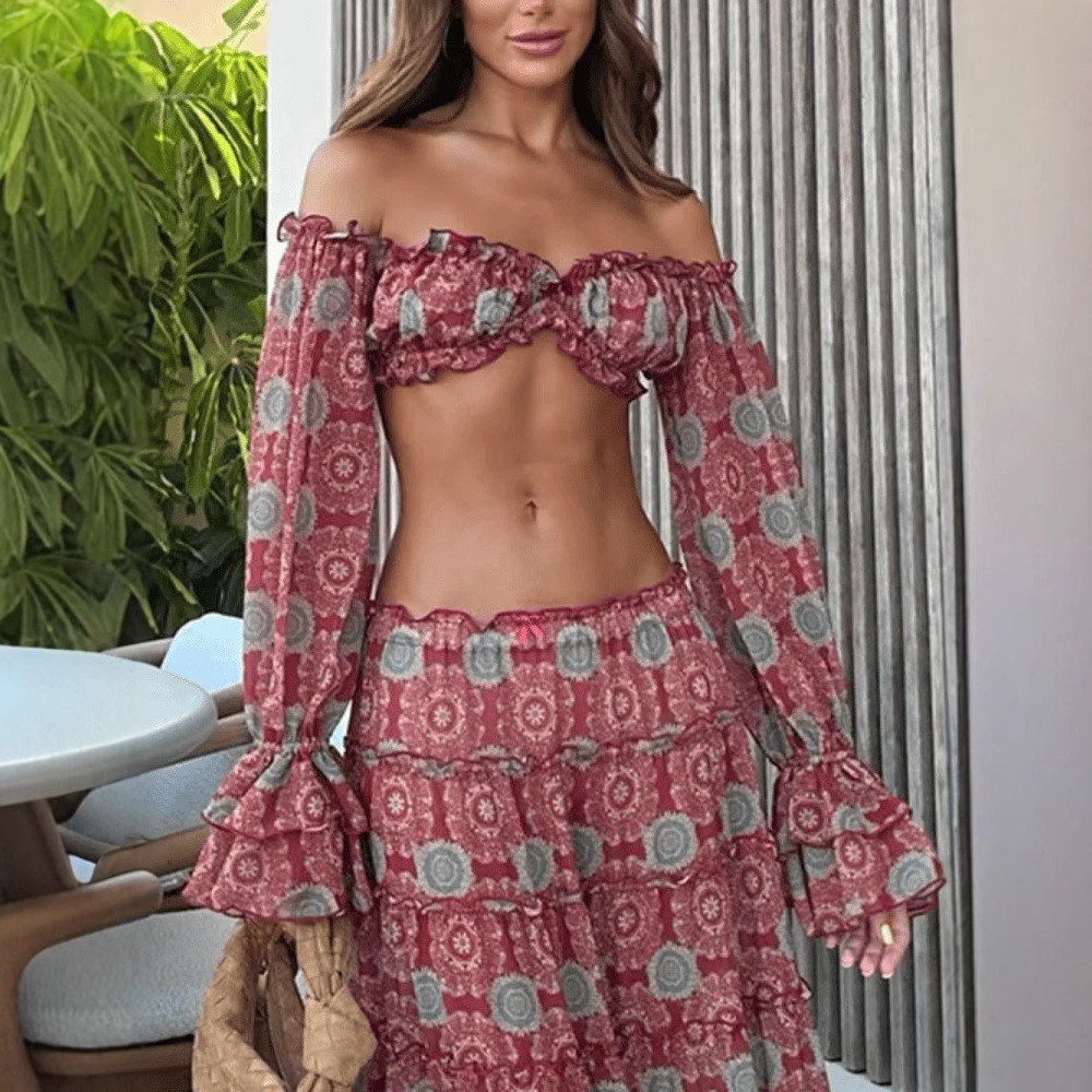 Vintage Print Skirt Two Piece  - Summer Vacation Clothing Women 评论和价格