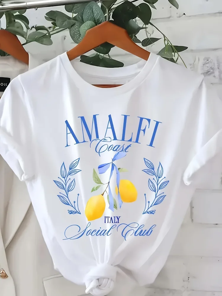 Lemon Print T-shirt Short Slee - Summer Clothing Aesthetic 评论和价格
