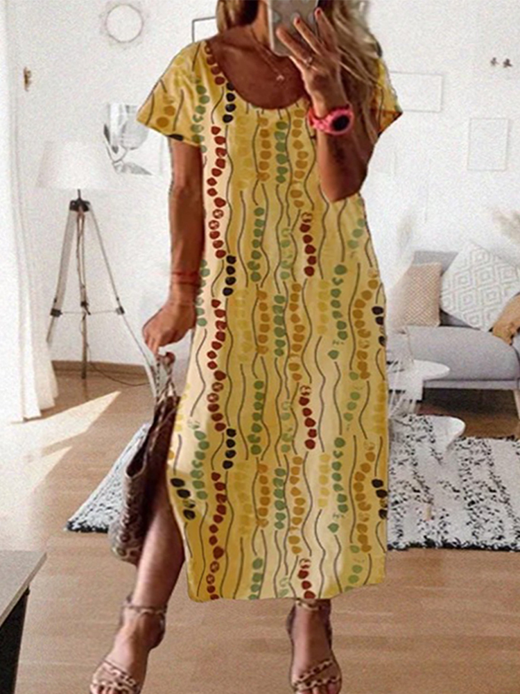 Plus Size Yellow Printed Midi  - Summer Upf Clothing 评论和价格